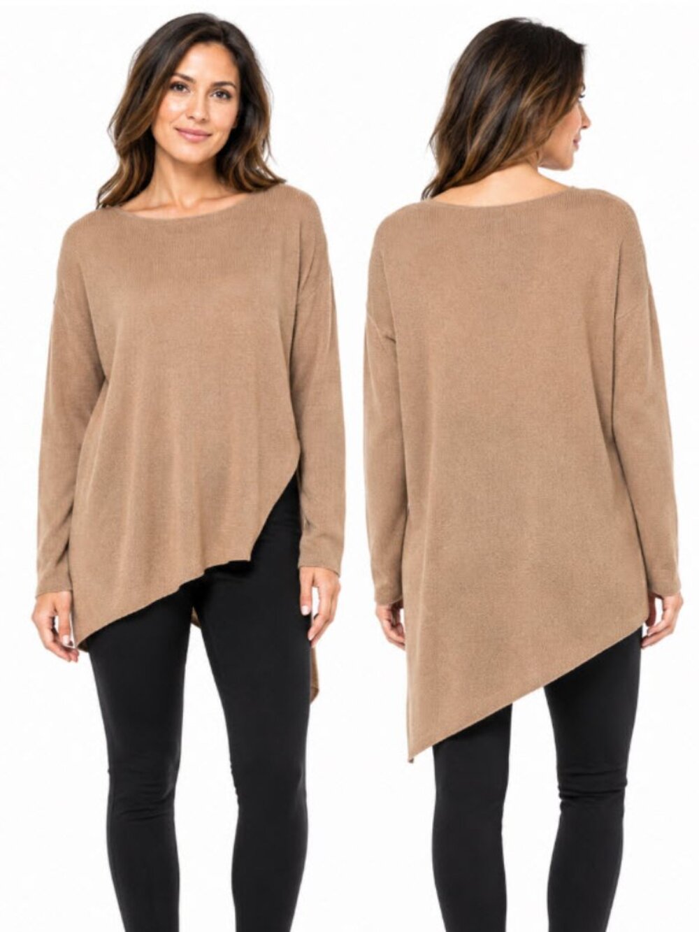 Eileen Fisher Camel 100% Merino Wool Asymmetrical Crewneck Sweater Medium